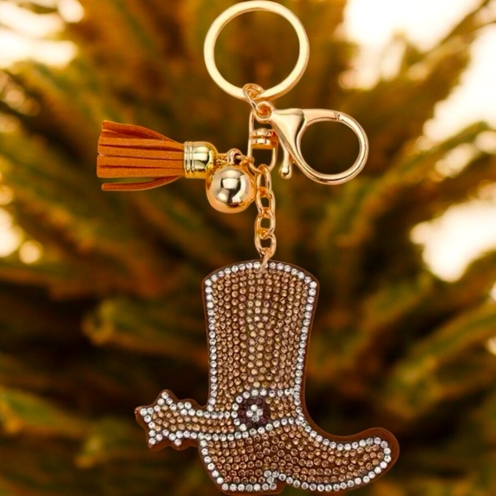 Cowgirl Boot, Gold & Brown Rhinestone-Encrusted Key Chain, Bag, & Car Charm - Picture 2 of 4